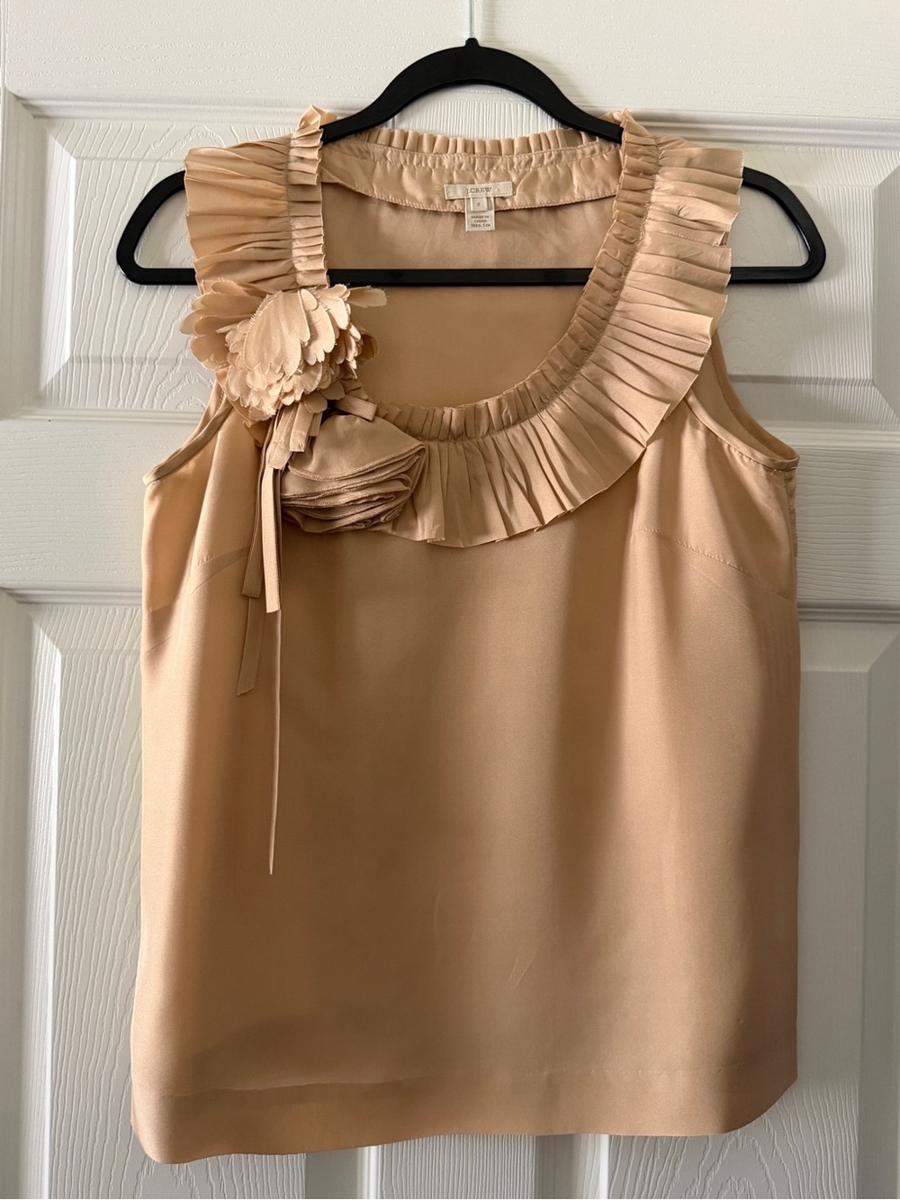 J. Crew Beige Silk Top with Ruffle & Floral Appliqué